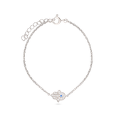 Pulseira delicada em prata 925 com Mão de Fátima e zircónia azul