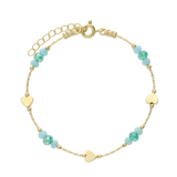 Pulseira corações banhada a ouro com cristais verdes