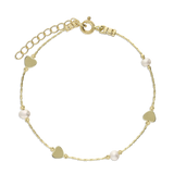Pulseira delicada banhada a ouro com corações e pérolas