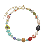 Pulseira de pedras banhada a ouro com coral, pérola, madrepérola, cristal, jadeíte e vidro Murano