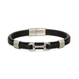 Pulseira masculina em aço inoxidável com couro preto