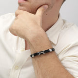 Pulseira masculina em aço inoxidável com couro preto