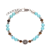Pulseira masculina em aço com turquesa e olho-de-tigre