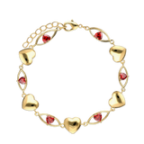 Pulseira de corrente banhada a ouro com corações e granada vermelha