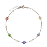 Pulseira para tornozelo em prata 925 com vidro cristal e pérola