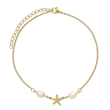 Pulseira para tornozelo banhada a ouro com estrela do mar e pérola cultivada