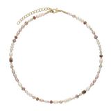 Colar choker banhado a ouro com pérola, cristal e rodoliit