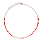 Colar choker em prata 925 com quartzo e vidro cristal vermelho e rosa