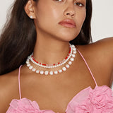 Colar choker em prata 925 com quartzo e vidro cristal vermelho e rosa
