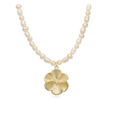 Colar de pérolas banhado a ouro com pendente flor e zircónia transparente