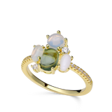 Anel de pedras banhado a ouro com cristal verde e branco
