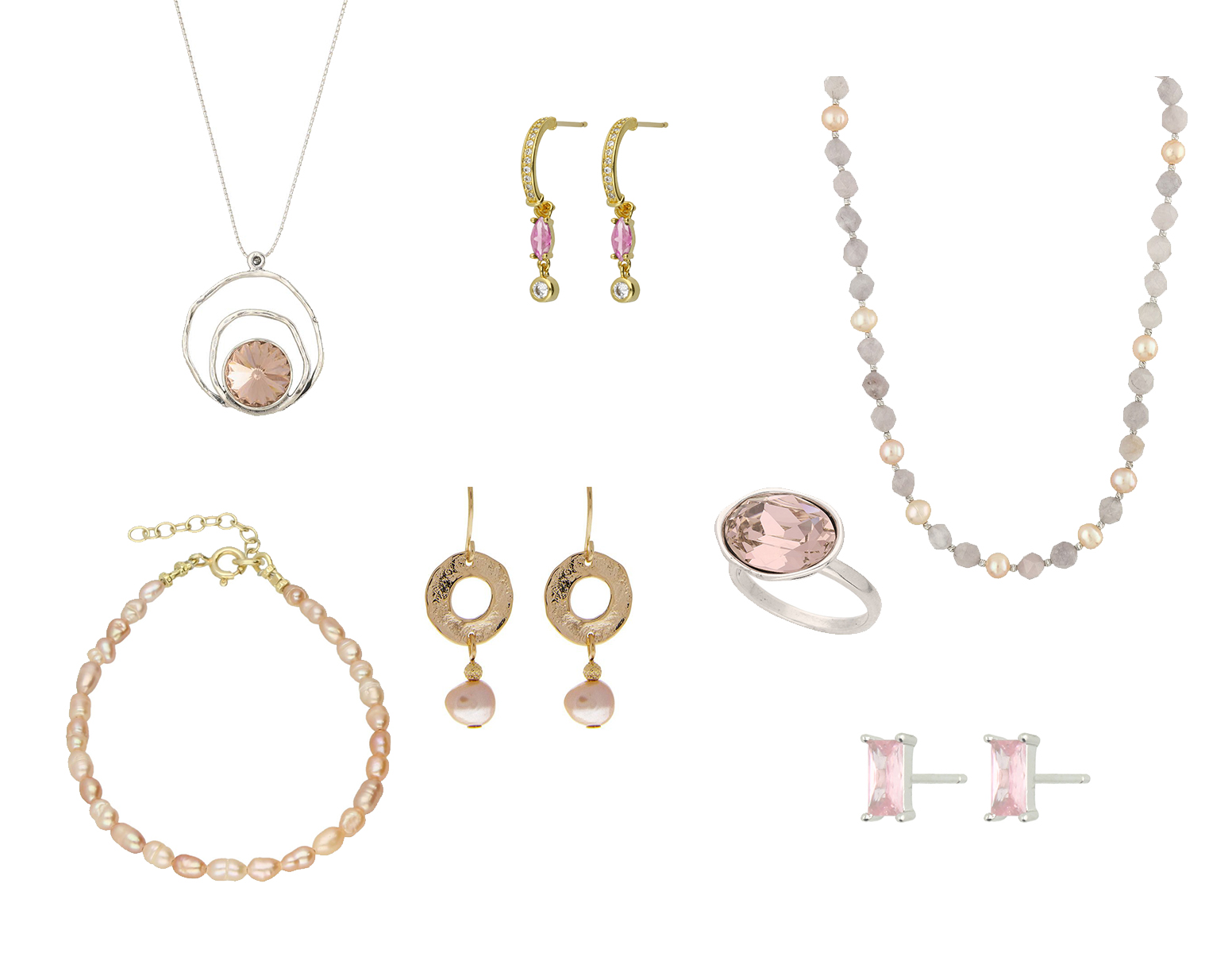colares, brincos, pulseiras e anéis em tons de rosa